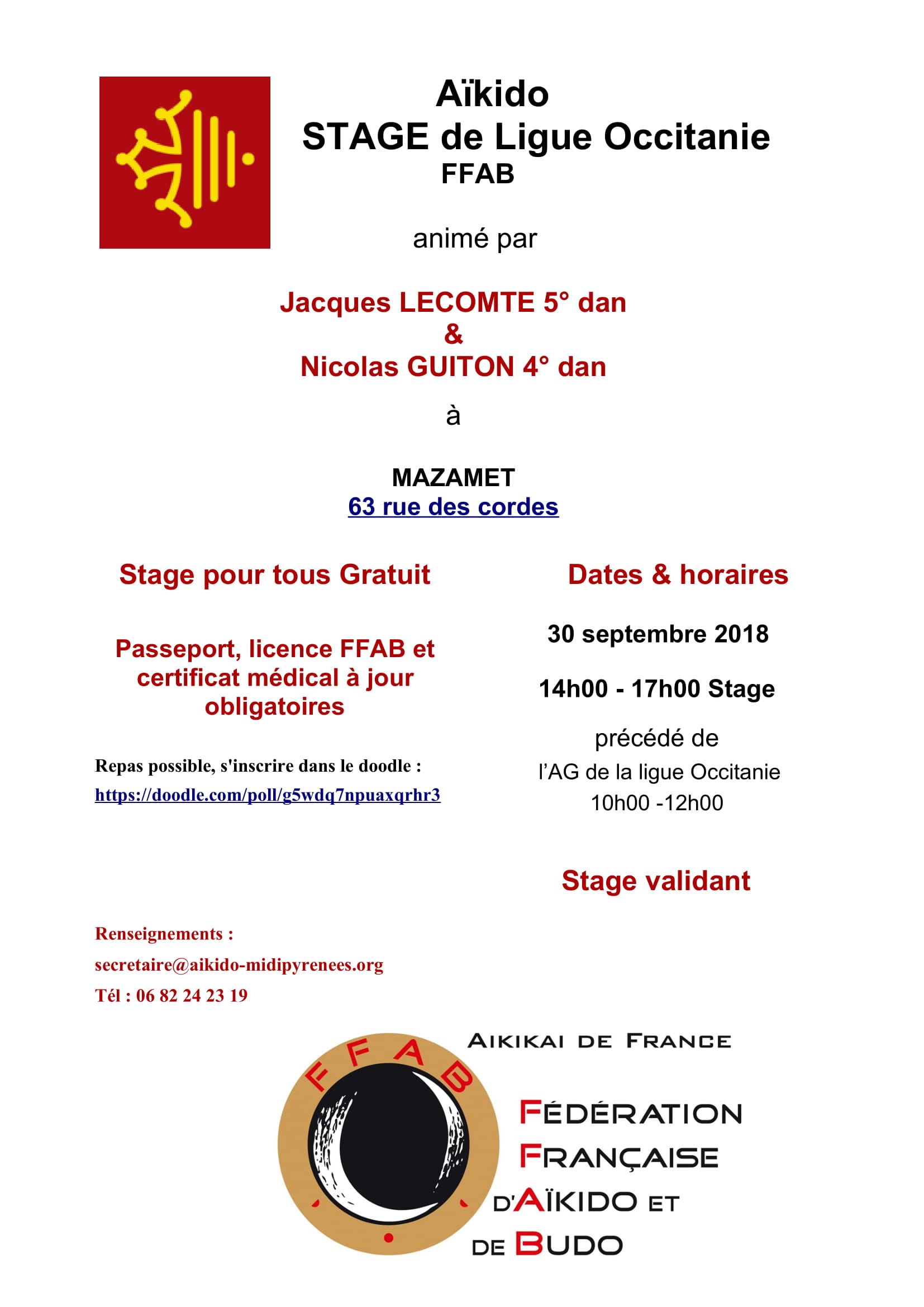 Stage de Ligue Occitanie - 30 septembre 2018 à MAZAMET - 14h00 à 17h00