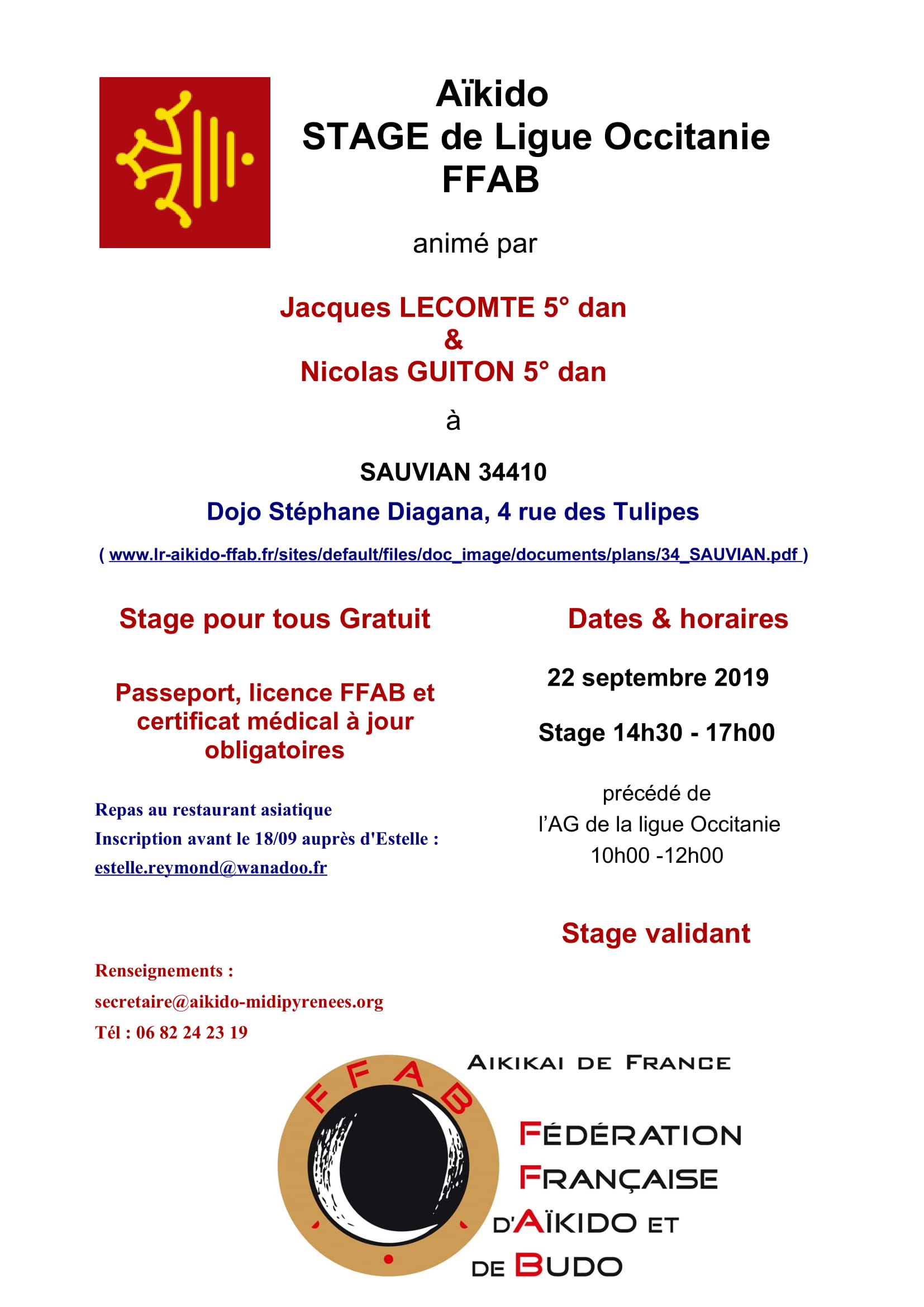 Dimanche 22 septembre 2019 : A.G. Occitanie et stage pour tous à Sauvian (34 410)