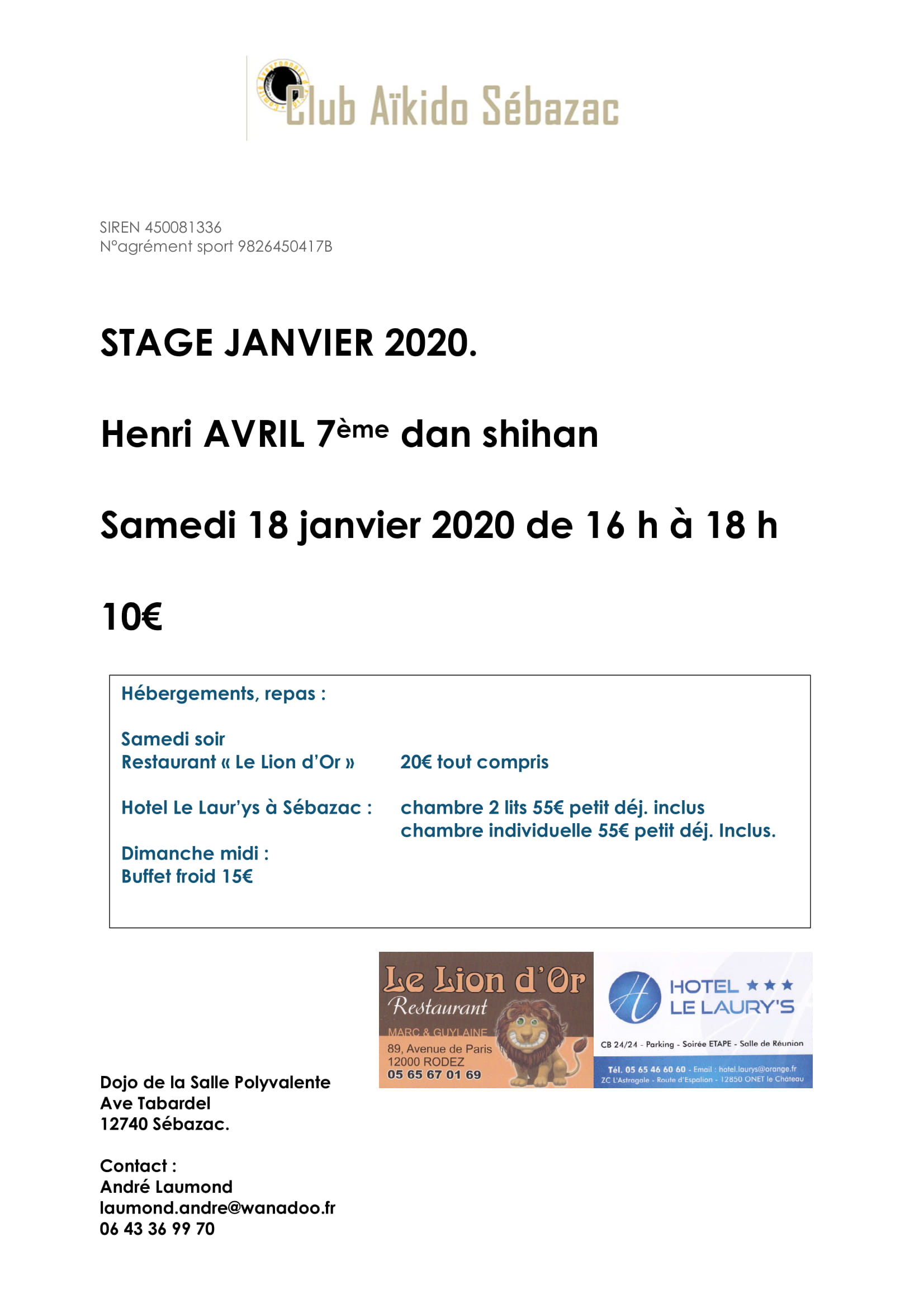 Stage samedi 18 janvier à Sebazac avec Henri Avril Shihan 7ème dan